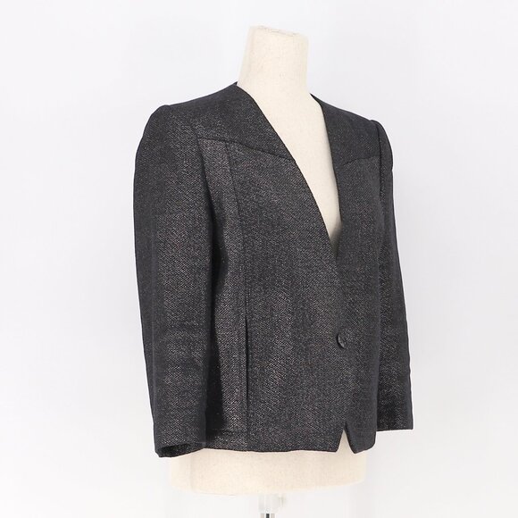 HELMUT LANG Black Metallic Tweed Cropped Tuxedo Blazer Jacket Size 8 - Picture 2 of 7